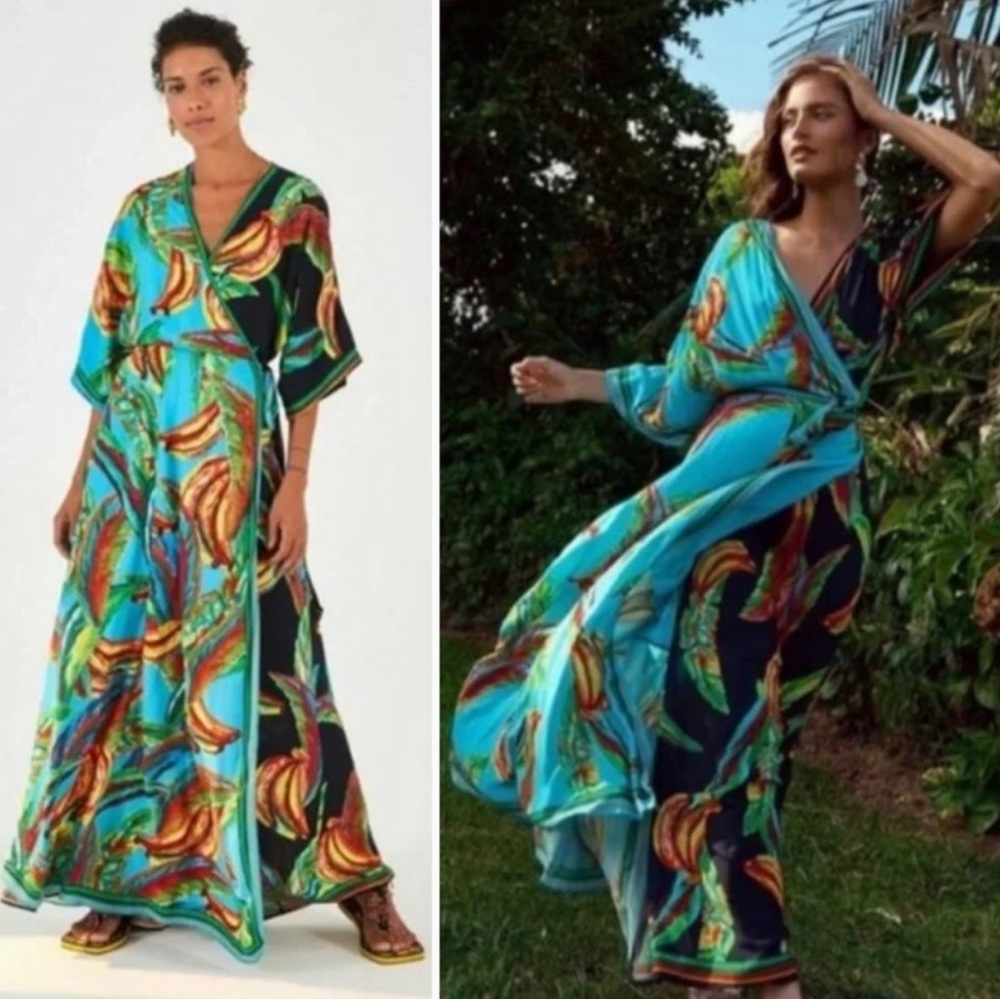 Farm Rio Anthropologie Mixed Banana Wrap Maxi Dress Large NEW